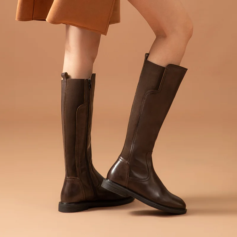 BeauToday Long Boots Women Genuine Cow Leather Elastic Band Knight