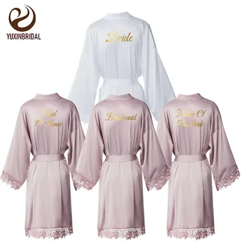 

YUXINBRIDAL 2020 New Bride Bridesmaid Robe Silky Matt Satin Lace Bridal Robes Wedding Gift Bathrobe Kimono Women