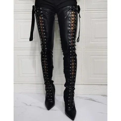 

Sexy women Crotch Over Knee Hollow Out Summer Boots Ribbon Lace Up Thigh High Boot Out Strappy Gladiator Heels Big Size 14 15