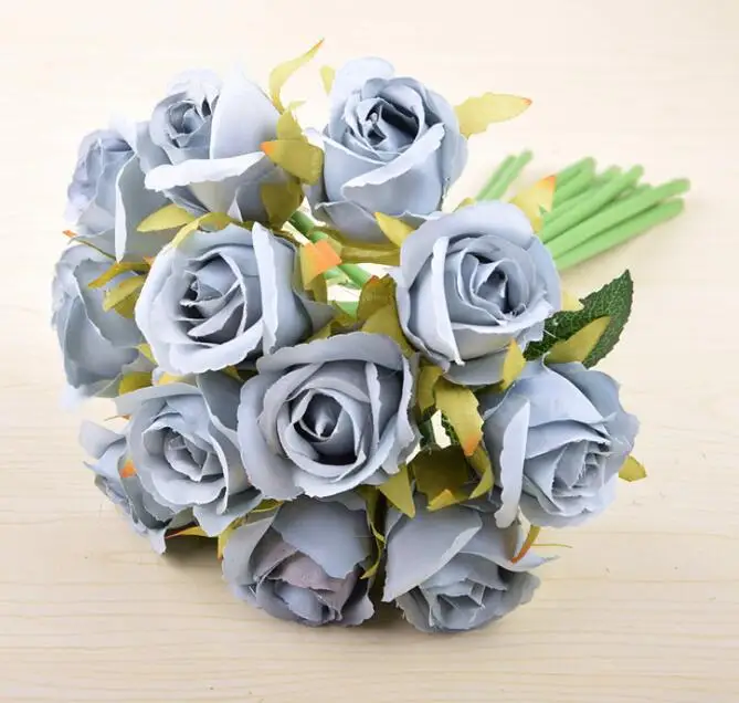 gray-blue 12 головок свадебный букет белый зеленый роза искусственный свадебный букет синий Свадебные аксессуары подружек невесты цветок Mariage поставки - Цвет: gray-blue