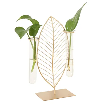 

Nordic Golden Iron Leaves Flower Table Desk Office Bathroom Home Garden Plant Transparent Vase Indoor and Outdoor Decorations