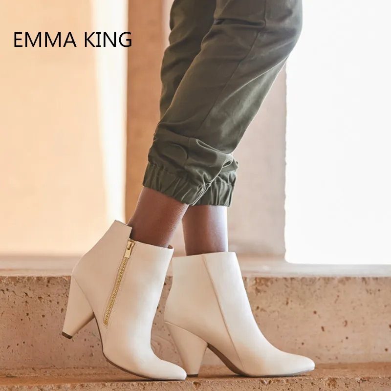 

Fashion Brand Cone Heel Bootie Women Pointed Toe Ankle Boots Autumn Winter Solid Sexy Side Zipper Spike High Heels Ladies Shoes