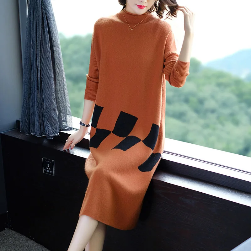 

PHICIA 2019 Autumn And Winter New Style Fashion Loose Jersey Dress Mid-length Thick Base Sweater Dress