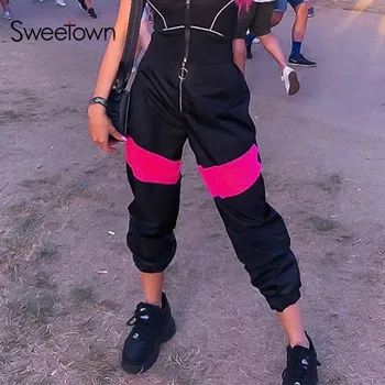 

Sweetown 2019 Autumn Hot Hip Hop Baggy Pants Women Streetwear Patchwork Contrast Color Casual High Waisted Ladies Trousers