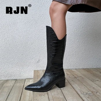

RJN New Stylish Mid-calf Boots High Quality Handmade Elegant Autumn Boots Sexy Pointed Toe Low-heel Shoes Women Whites RO369