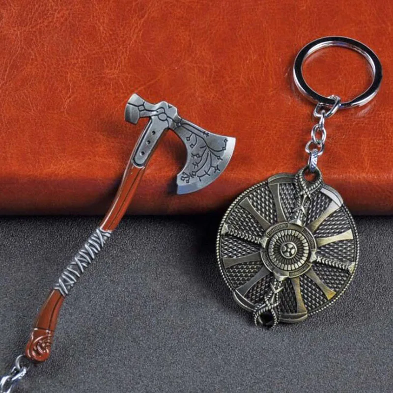 

10pcs/lot Fashion Jewelry Keychains Games God Of War Kratos Shield Ice Axe Key Ring Car Pendant Key Chains For Men Party Gift