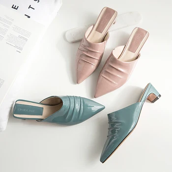 

Genuine leather 4cm med heels women slippers pleated casual shoes woman Fashion Mules poined toe Slipper ladies Shoes