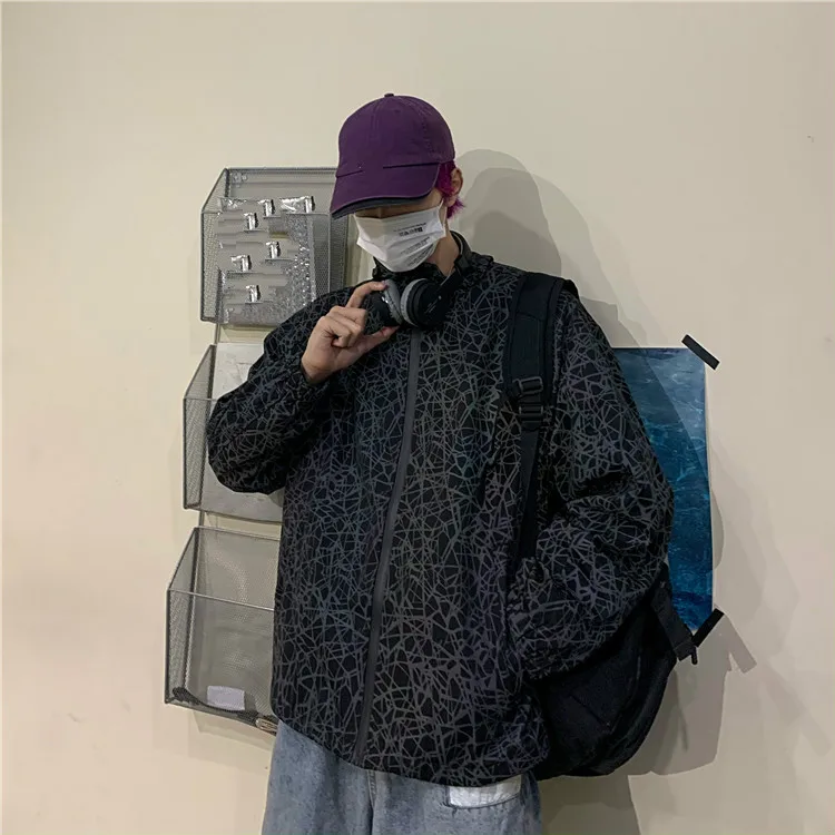 Neploe Harajuku, светоотражающая куртка-бомбер с принтом, для женщин и мужчин, на молнии, повседневное пальто,, длинный рукав, стоячий ворот, Двусторонняя одежда, 55769