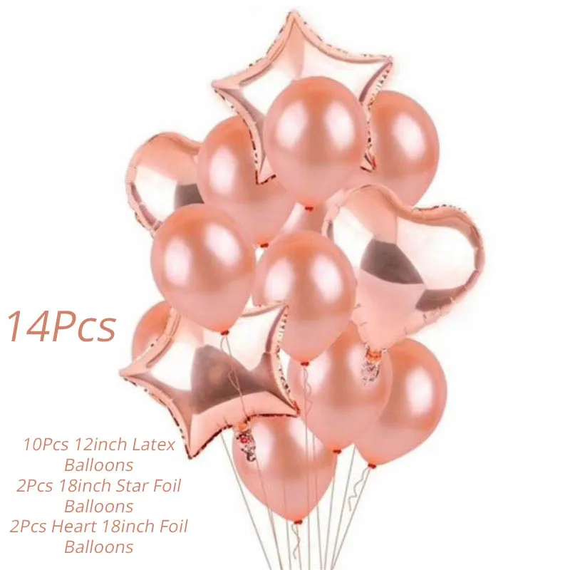 14pcs balloons Вечерние одноразовые столовые приборы цвета розового золота, соломинки для чашек шампанского, украшения для вечеринки в честь первого дня рождения, вечерние принадлежности для малышей - Цвет: 14pcs balloons