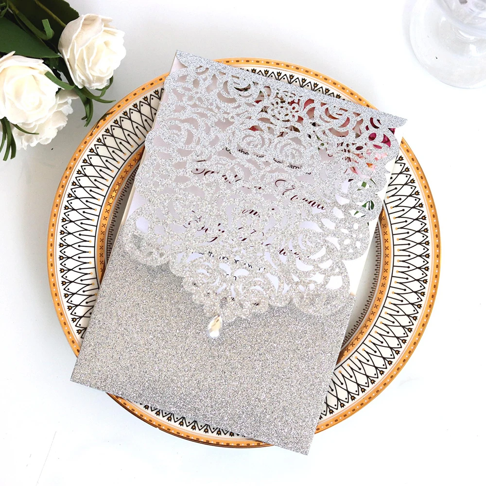  10pcs Pearl paper Business Invitation Glitter Openwork Pocket Rose Lace Invitation Card Wedding Inv - 4.00047E+12
