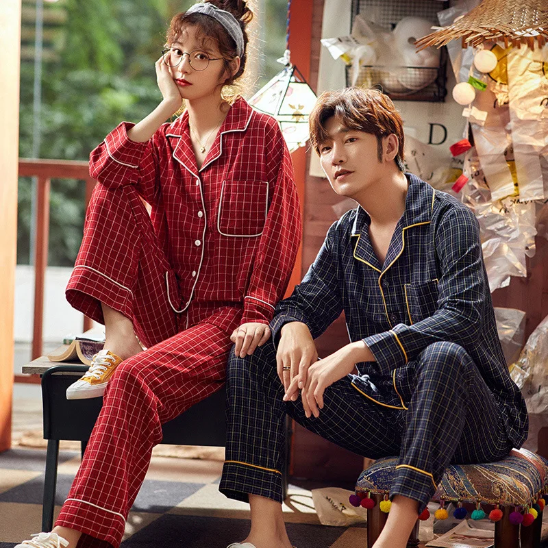 

New Cotton Simple Checkered Handsome Men's Leisure Tops Couple's Pajamas Women's Spring and Autumn Korean-Style