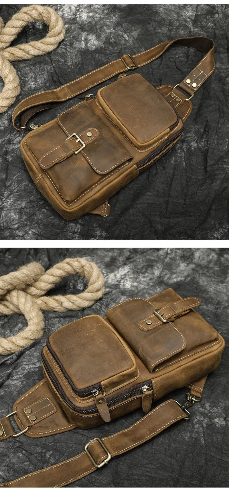 PNDME Vintage Crazy Horse Rindsleder Herren Brusttasche Mode Outdoor Tägliche Reise Natürliche Echtleder Multi-Pocket Umhängetasche – Detail 11