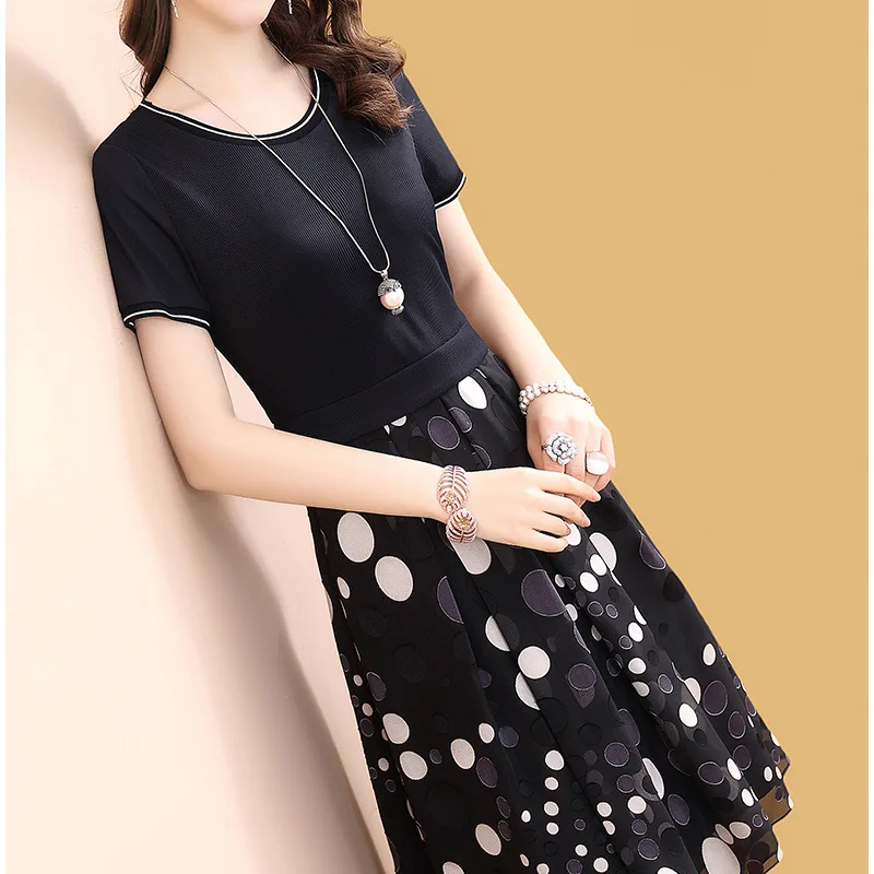 

Waist Hugging Slimming Spring Clothing Printed Black Polka Dot Dress Women's Spring And Summer Mid-length 2019 New Style Popular