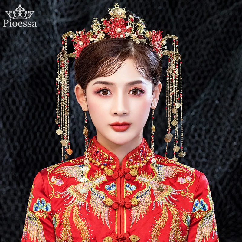 

Pioessa Luxury Chinese Phoenix Bridal Crowns Red Crystal Empress Princess Hairpins Stage Performance Wedding Party Accessories