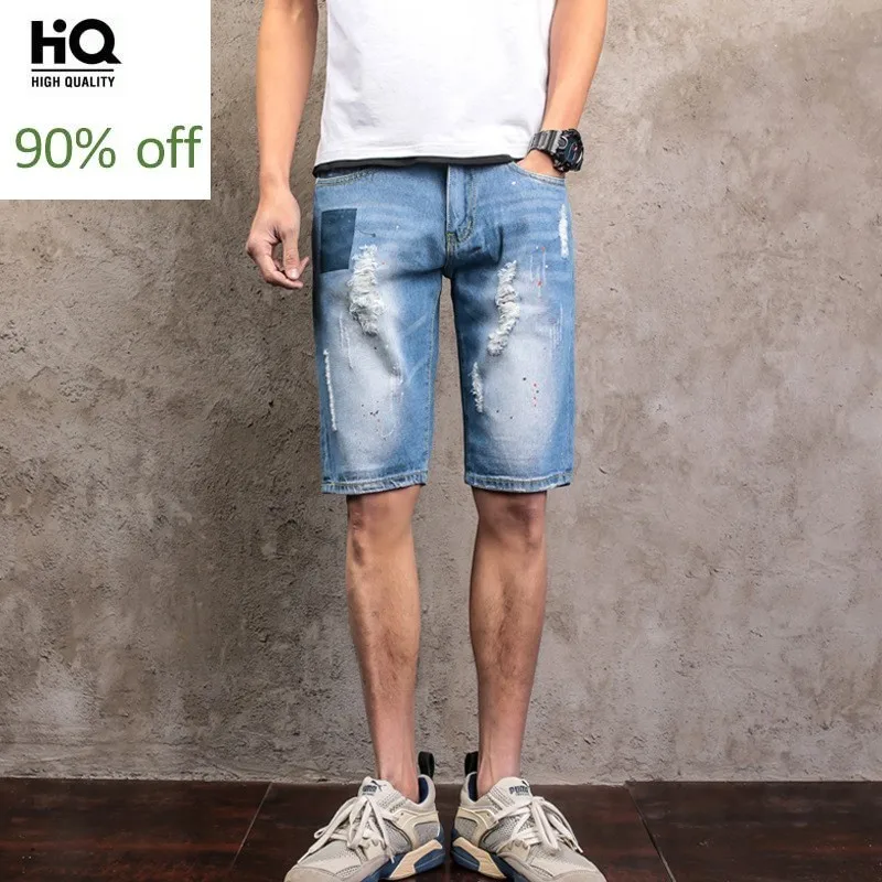 

Summer 2020 New Fashion Mens Denim Shorts Hole Ripped Paint Jeans For Male Straight Slim Fit Knee-Length Calca Masculina