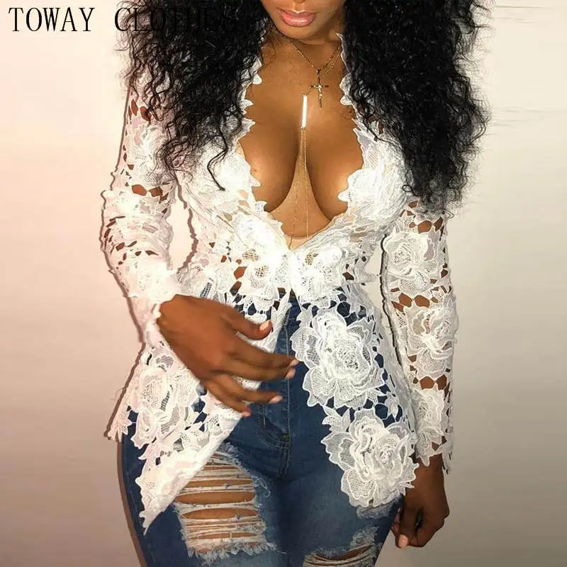 

Women Long Sleeve Sexy Low Cut V Neck Floral Lace Top Shirt Blouse