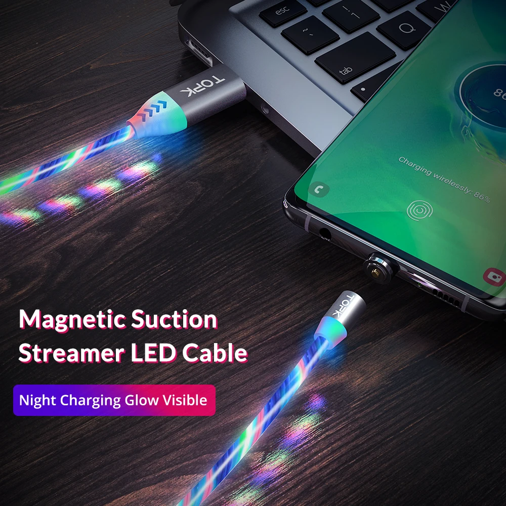 TOPK 1 м светодиодный светящийся Магнитный usb-кабель для iPhone Xs Max 8 7 Plus Micro USB type C Быстрая зарядка type-C Кабели для телефонов