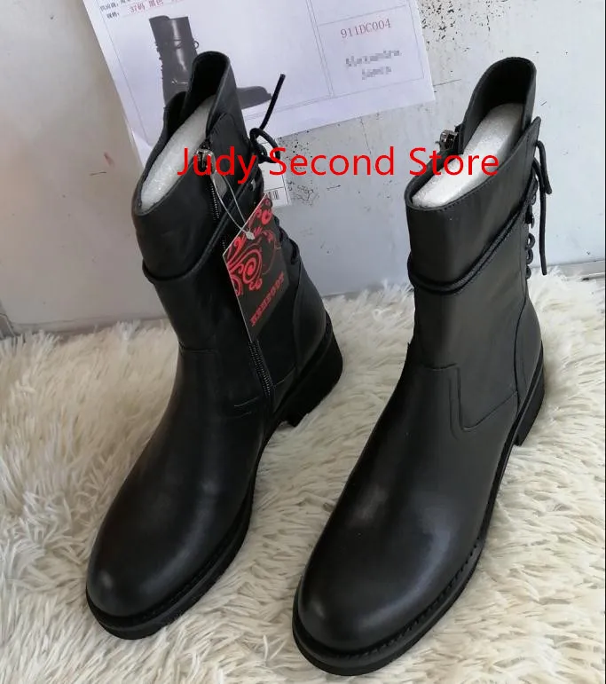 Bota Feminina/черные кожаные зимние полусапожки; Botas Mujer; военные полусапожки; женские ботинки на не сужающемся книзу массивном каблуке; zapatos De Mujer