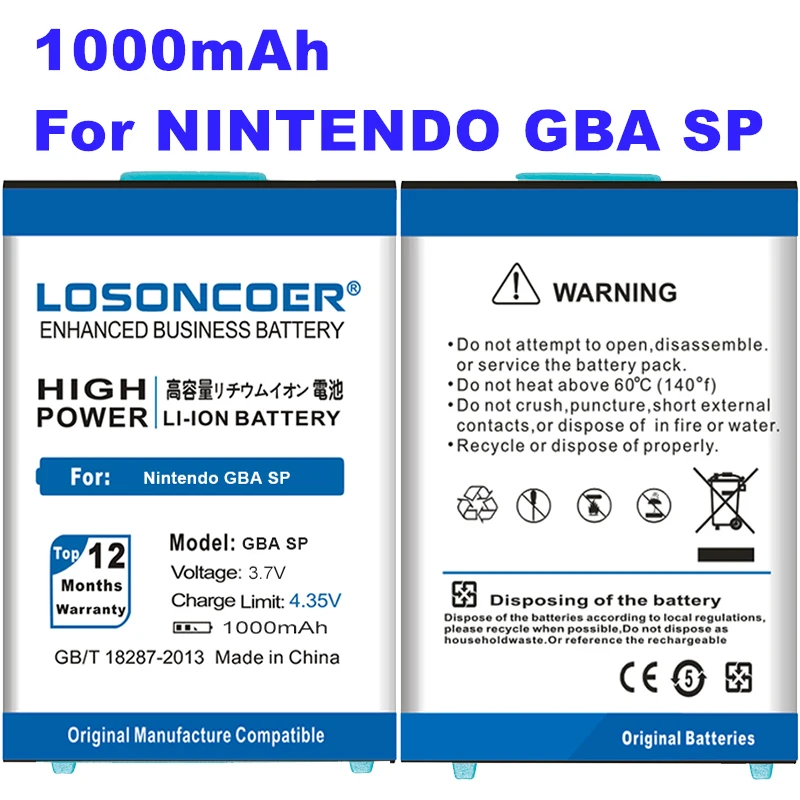 LOSONCOER SP 1000mAh перезаряжаемый литий-ионный аккумулятор для Nintendo GBA SP GBASP высокоемкие батареи