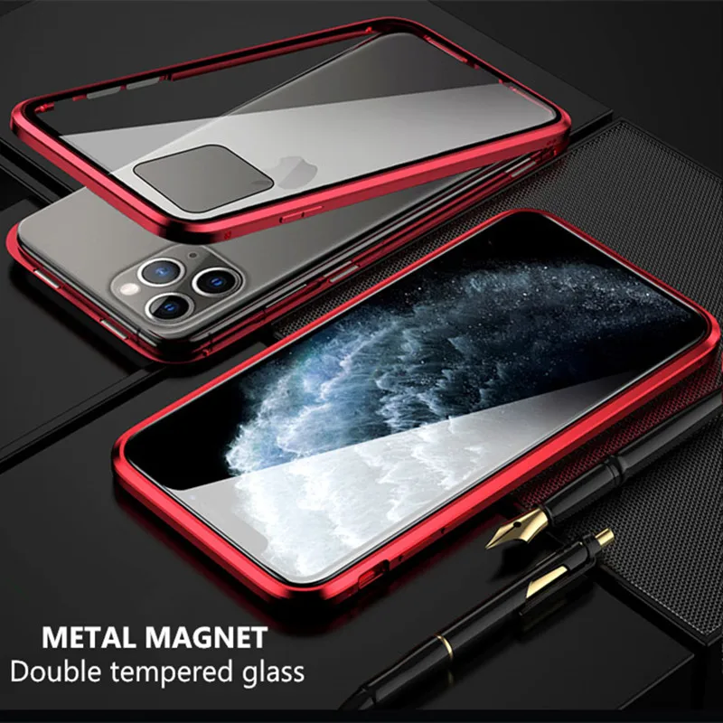 Metal Magnetic Adsorption Flip Case For iPhone 11 Pro Max XS MAX XR 8 7 6s 6 Plus Transparent Double Sided Glass Magnet | Мобильные