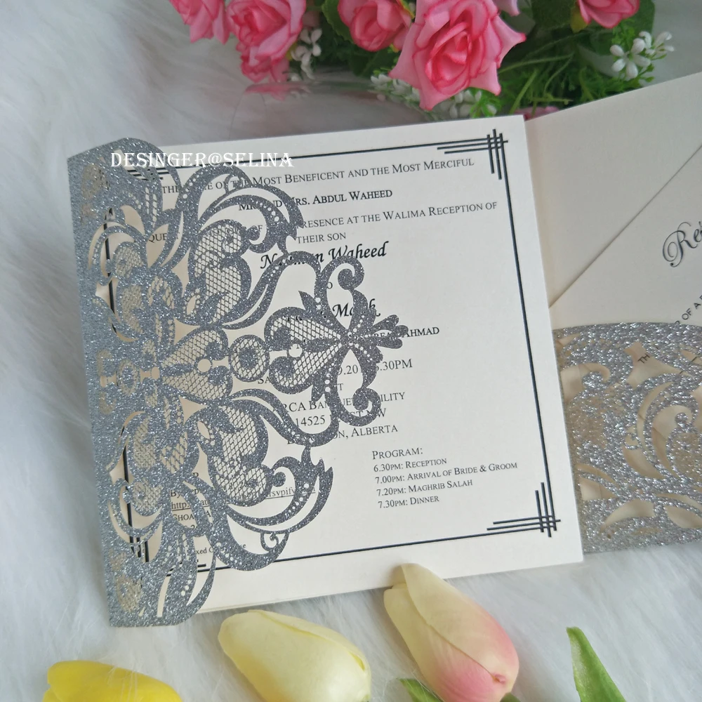 50 шт серебряное блестящее цветное печатное Свадебное приглашение с открытка RSVP лазерная резка свадебный душ приглашает блестки Quinceanera карты
