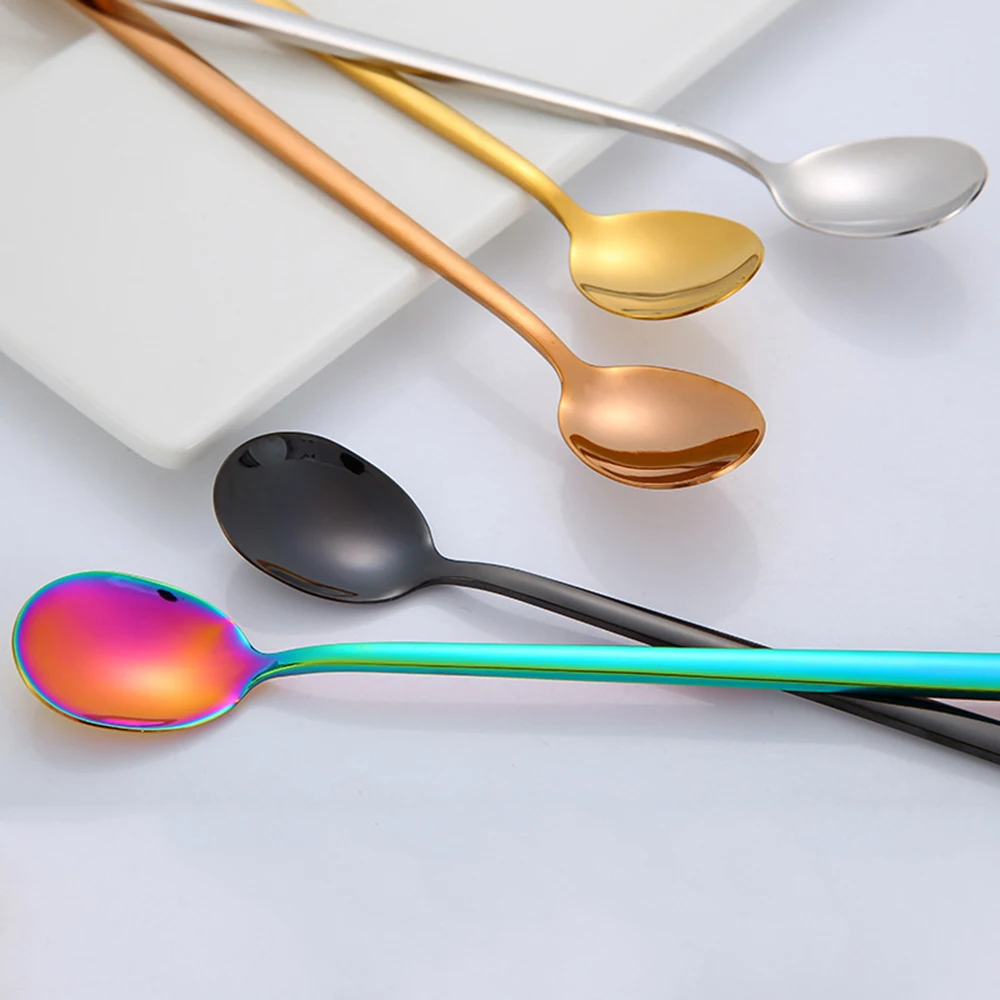 5 Colors Stainless Steel Spoon Tea Dessert Coffee Ice Cream Spoons Kitchen Tableware Accessories Bar Tools New Long Handle | Дом и сад