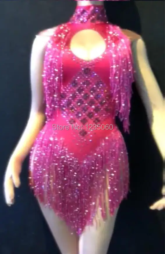 Sparkly Rhinestones Tassel Leotard Nightclub Dance DS Show Stage Wear Stretch Bodysuit Party Female Singer Outfit Girl clothing
