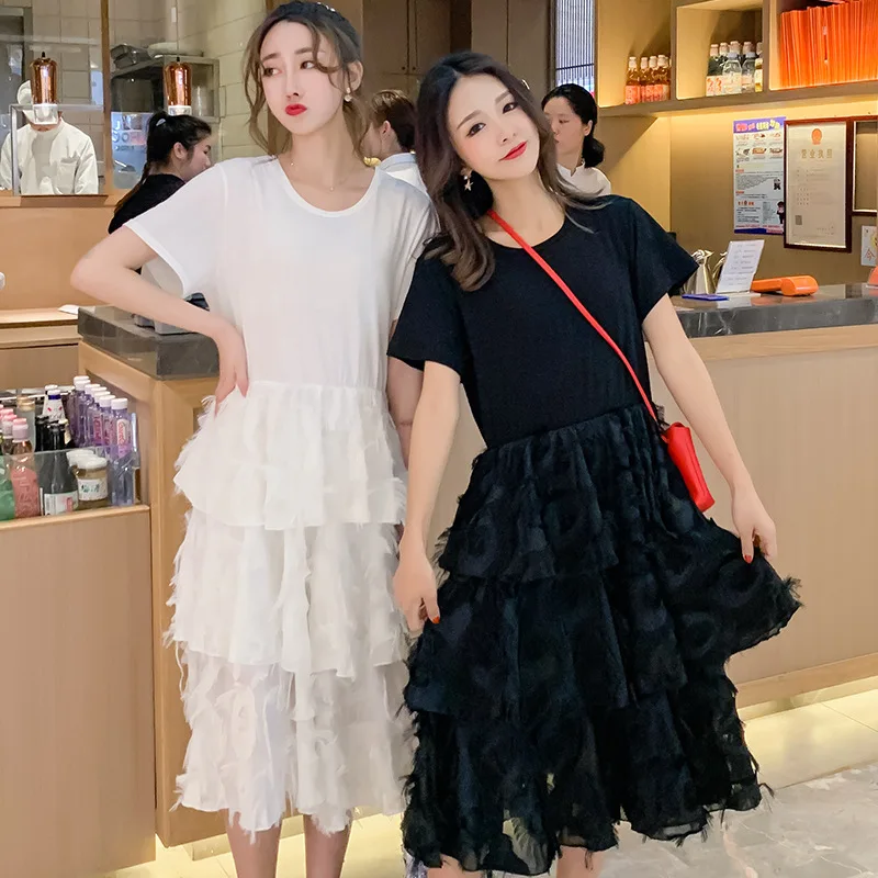 

Maternity Clothes Freaky Dress 2019 Summer Wear New Style Fashion Chiffon Large Size Loose Short Sleeve Fairy Cake Skirt