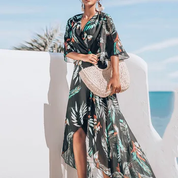 

Women Beach Long Dress Bikini Sunscreen Deep-V Half Sleeve Asymmetric Print Chiffon Boho Sun Veil Lace Up Dress 2020 New Summer