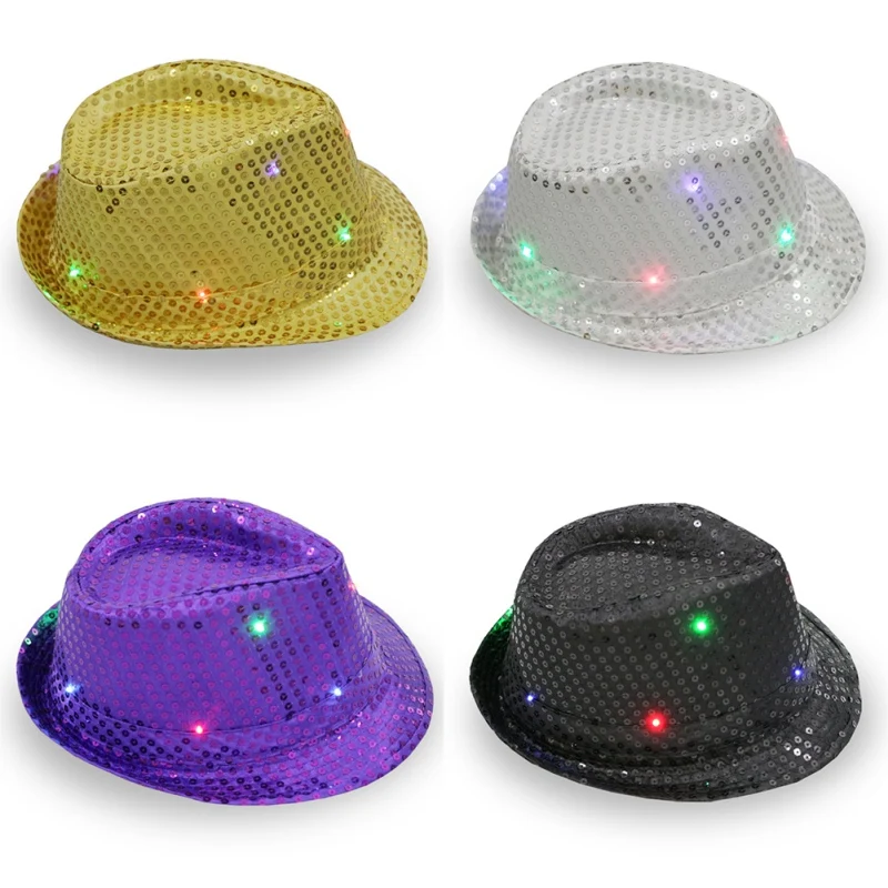 Женская шляпа Fedoras, блестящая джазовая шляпа, реквизит для сцены, яркая ковбойская шляпа с блестками, шляпа для взрослых со светодиодной подсветкой, Chapeau Femme Bonnet Homme
