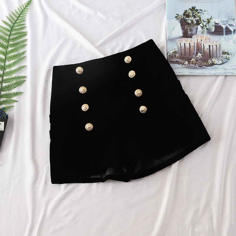 

2019 Spring Fall Double-breasted Shorts Women Outer Wear Outfit Joker High Waist Slacks Wide-legged Female