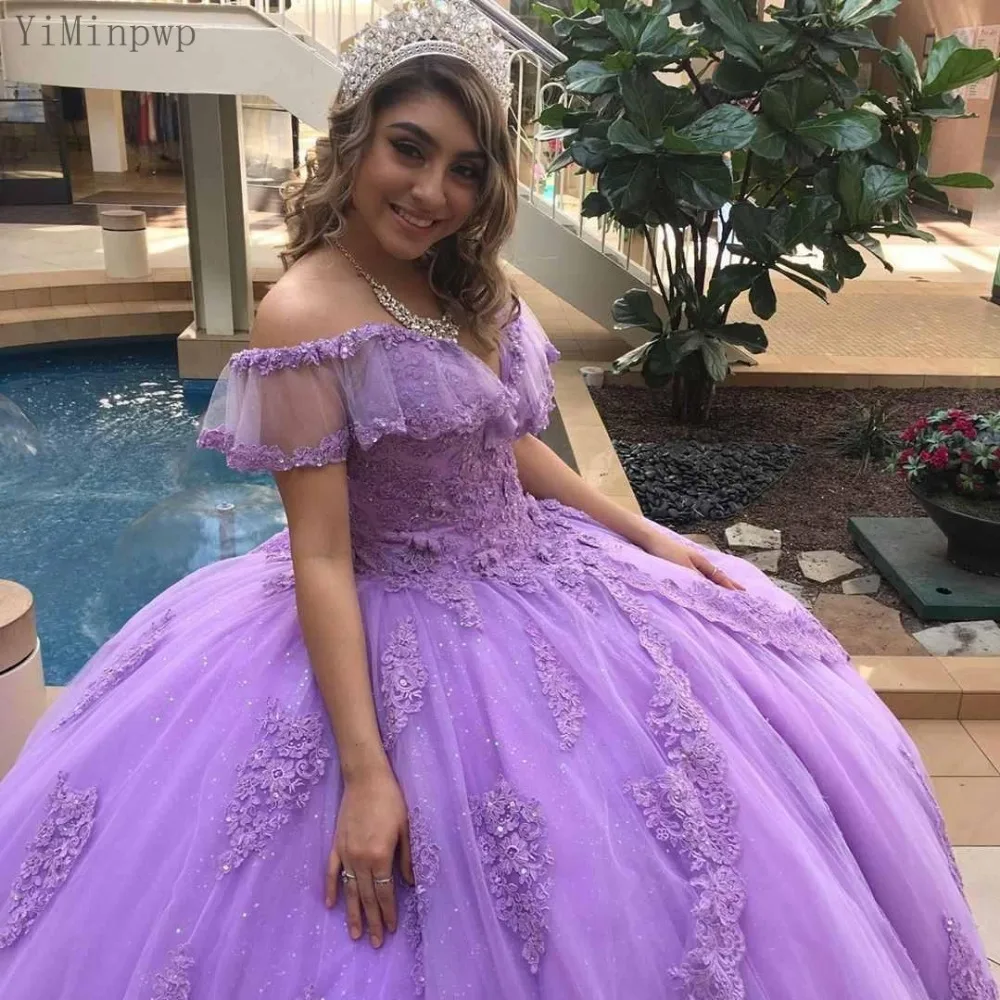 YiMinpwp Lilac Ball Gown Quinceanera Dresses Off Shulder Lace up Back Sweep Train Appliques Beads Long Fromal Prom Gowns