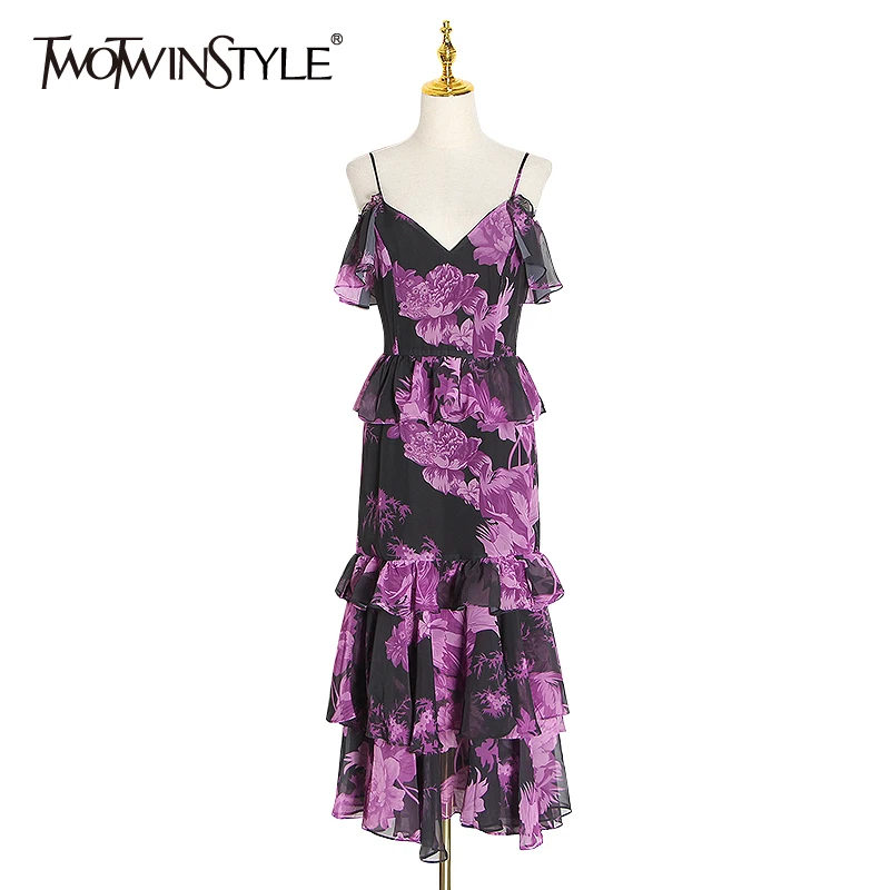 

TWOTWINSTYLE Vintage Print Hit Color Ladies Dresses V Neck Butterfly Sleeve High Waist Cascading Ruffle Midi Women Dress Clothes