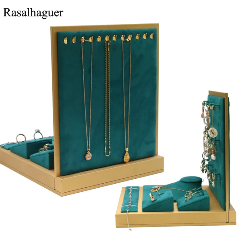 New 6in 1Set Necklace Bracelet Ring For Counter Jewellry Dispaly Jewelry Earring Holder Ornament Display Stand Green Microfiber