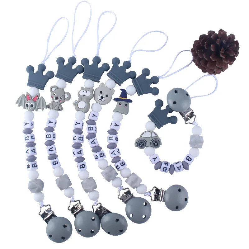 Pacifier Clips Chupetero-Chain Chew Silicone Personalized Letter Gray for Infant Feeding