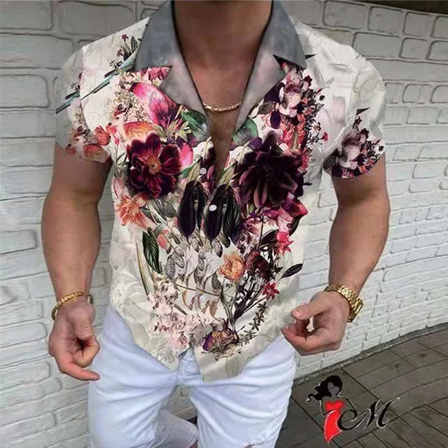Fashion Nation Style Summer Man's Shirt 3D Printing Stand Collar Single-Breasted Short Sleeve Loose Hawaiian Henley Casual Shirt Short Light Red