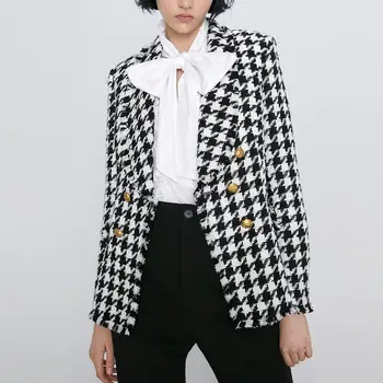 

Vintage Double Breasted Houndstooth Tweed Blazers Women Coat 2019 Tassel Plaid Ladies Casual Outerwear Casaco Femme