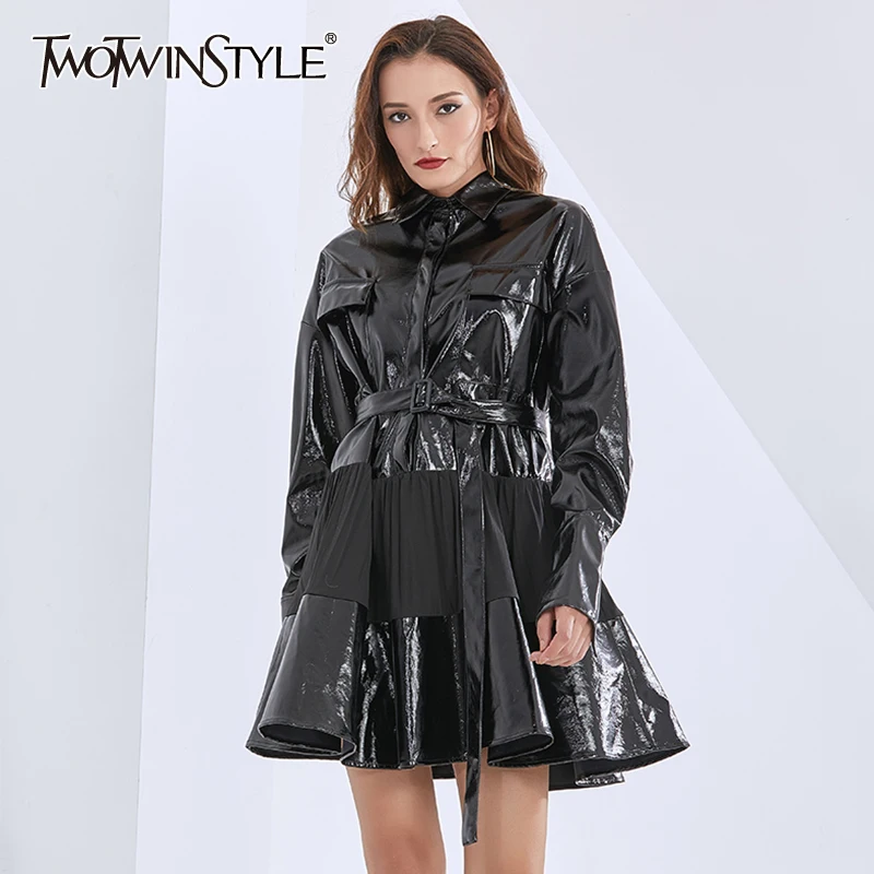 TWOTWINSTYLE Patchwork Pu Dress For Women Lapel
