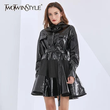 

TWOTWINSTYLE Patchwork Pu Dress For Women Lapel Collar Long Sleeve High Waist Lace Up Black Mini Dresses Female 2020 Fall Style