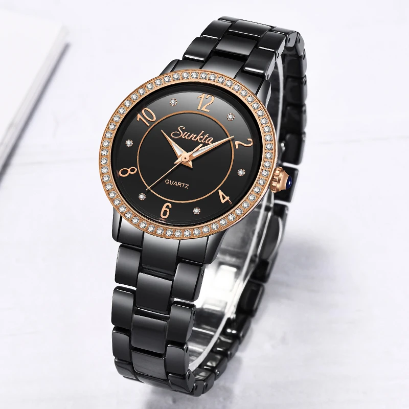 SunKta роскошные розовые золотые черные керамические водонепроницаемые часы женские классические серии женские часы наивысшего качества женские часы со стразами