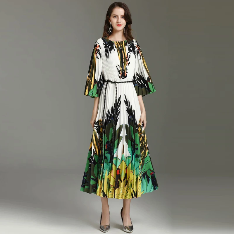 Middle Sleeve Pleated Print Belt Bohemia Elegant Temperament Party Women'S Mid-Length Dress New Spring Summer High Quality | Женская