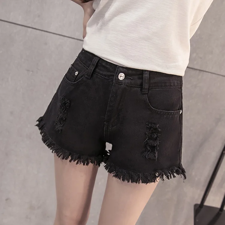 Denim Shorts Women's Summer Students White Hole Burrs Korean-style Loose And Plus-sized High-waisted Wide-Leg Shorts