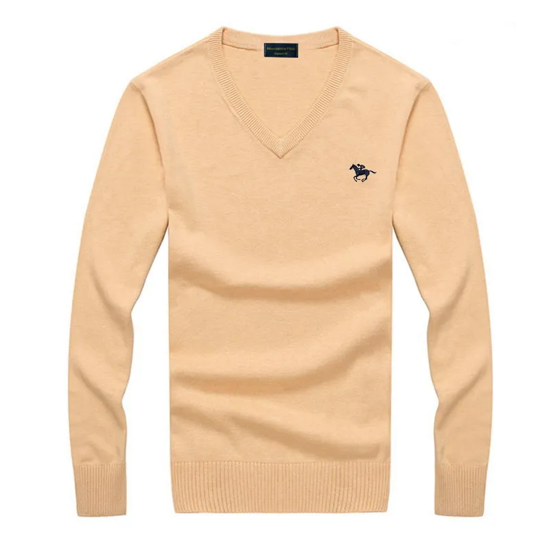 Новинка, свитер поло с вышитым логотипом, Мужской пуловер, Одноцветный, Приталенный джемпер, вязаный, v-образный вырез, осенний стиль, повседневная мужская одежда - Цвет: apricot