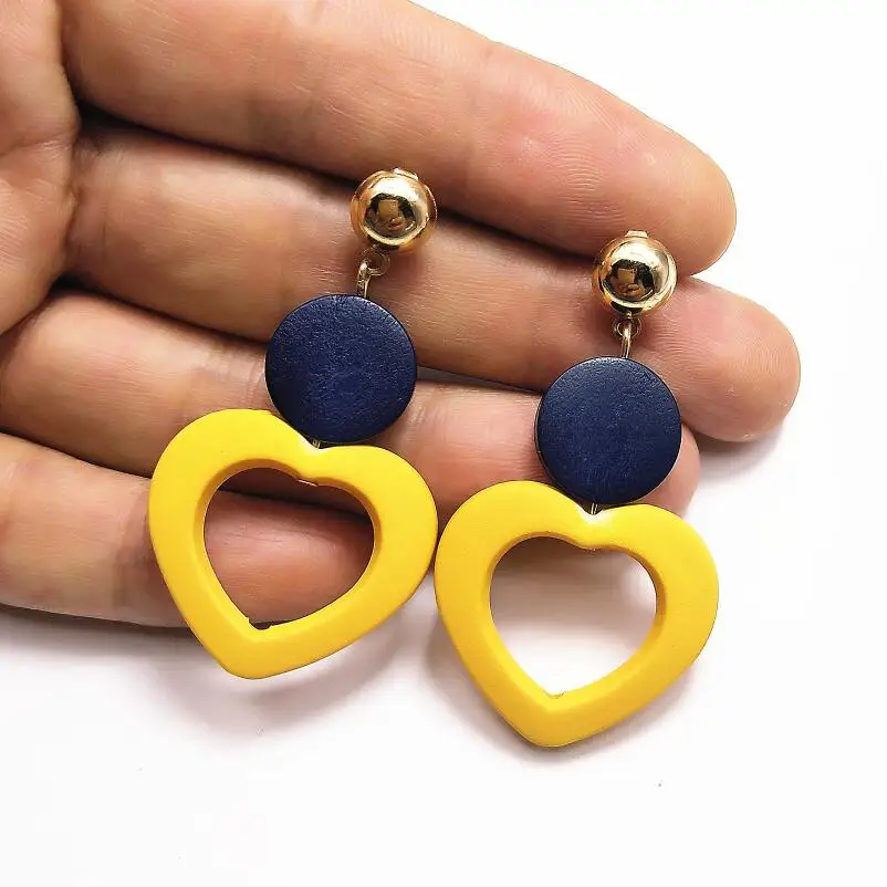 heart dark yellow Большие геометрические серьги корейские Золотые Длинные акриловые квадратные круглые деревянные серьги в форме сердца Винтажные висячие серьги-капли в подарок для женщин - Окраска металла: heart dark yellow