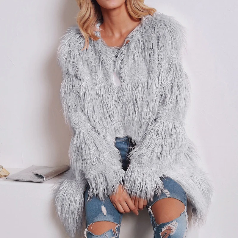 Women's Shaggy Faux Fur Coats Autumn Winter Warm Solid Color Coats Casual Long Sleeve Short Jacket Pockets Fashion Coats