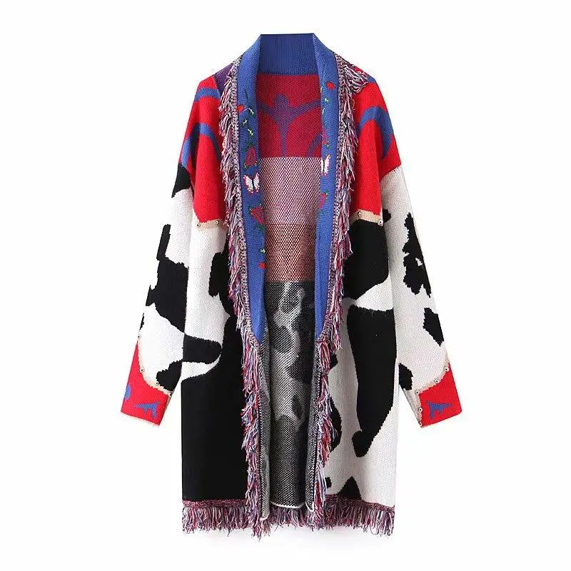 ^Cheap Patchwork Tassel Hit Color Sweaters Women Lapel Collar Long Sleeve Cardigan Sweater Cardigans Female Clothing Loose Sweater