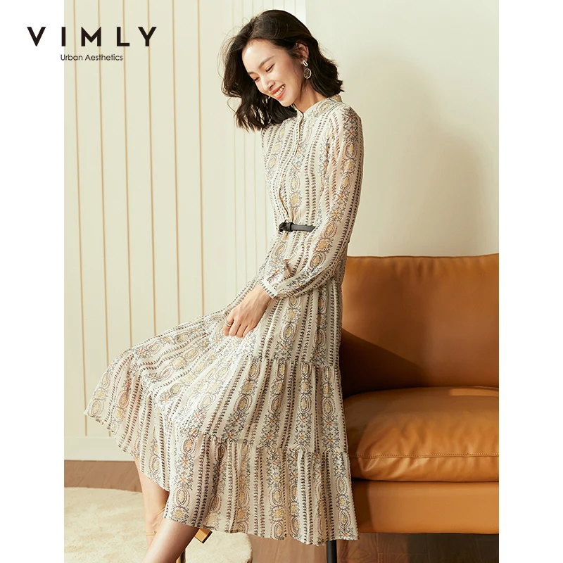 Vimly женское платье с цветочным принтом винтажное однобортное высокой талией поясом длинным рукавом Vestidos