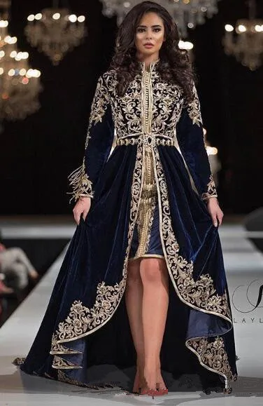 Темно-синее кружево бисером арабские Caftans вечерние платья с высоким воротом бархатные платья для выпускного вечера с длинными рукавами вечернее платье
