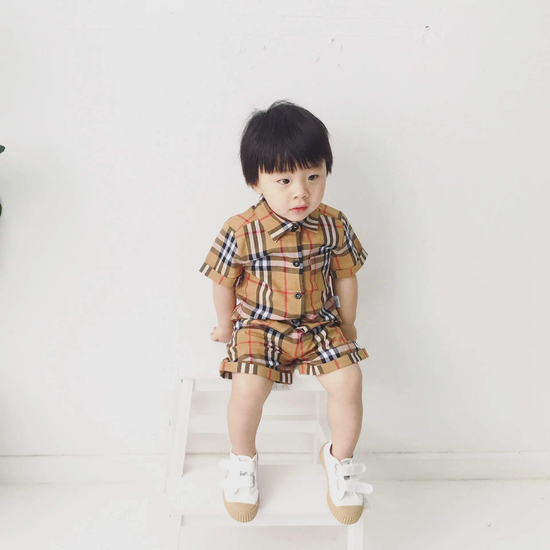 

Children's Clothing 2019 Summer New Style Korean-style Boys Classic Plaid Short Sleeved Suit a Generation of Fat