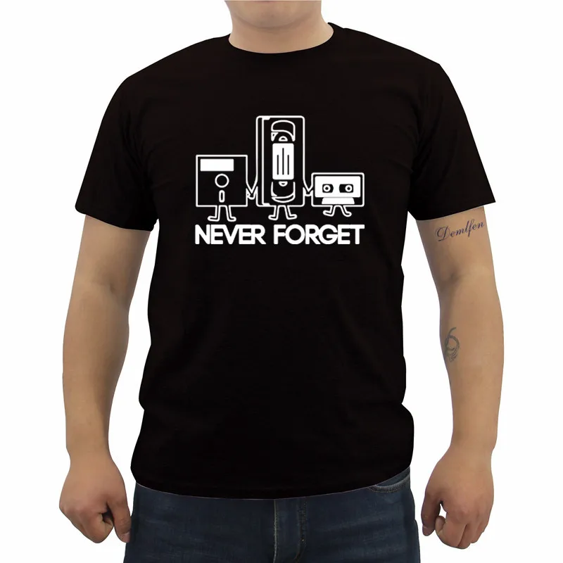 Custom Men Vintage Clothing T-Shirt Never Forget Floppy Disc Vhs Cassette Tech Geek Letter T Shirts Male Crew Neck Tops Tees | Мужская